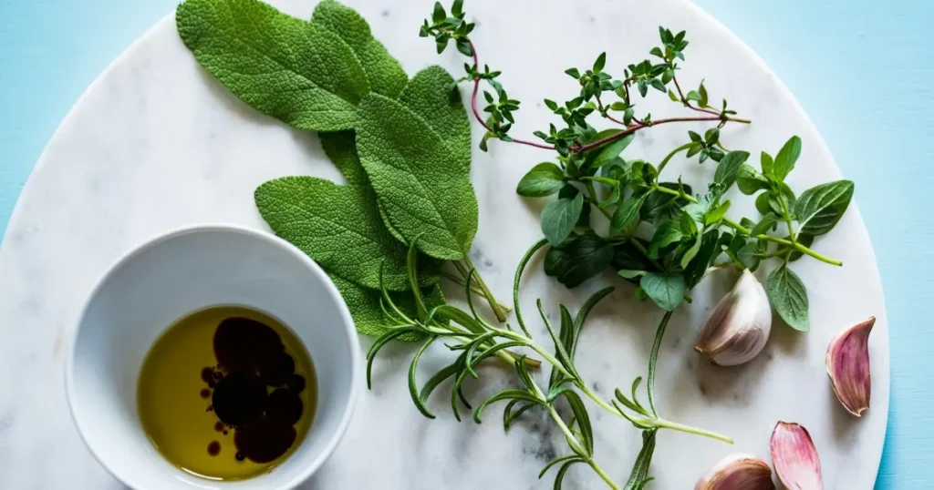 Pocillo en plato junto a hierbas aromáticas